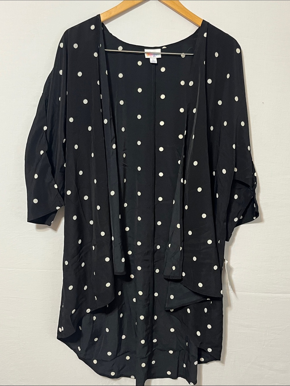 LuLaRoe Lindsay L Black and White Polka Dot Open Kimono Cardigan